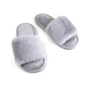 POM Pale Grey Faux Fur Mule Slippers Size S/M