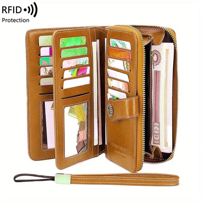 RFID Zipper Wallet with Wrist Strap Retro Style Large Capacity