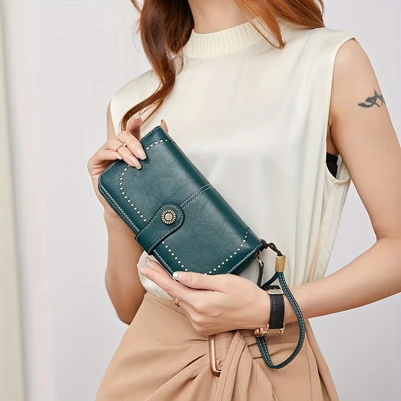RFID Zipper Wallet with Wrist Strap Retro Style Large Capacity