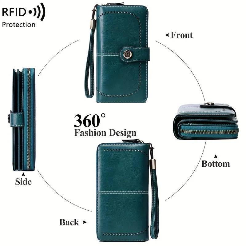 RFID Zipper Wallet with Wrist Strap Retro Style Large Capacity