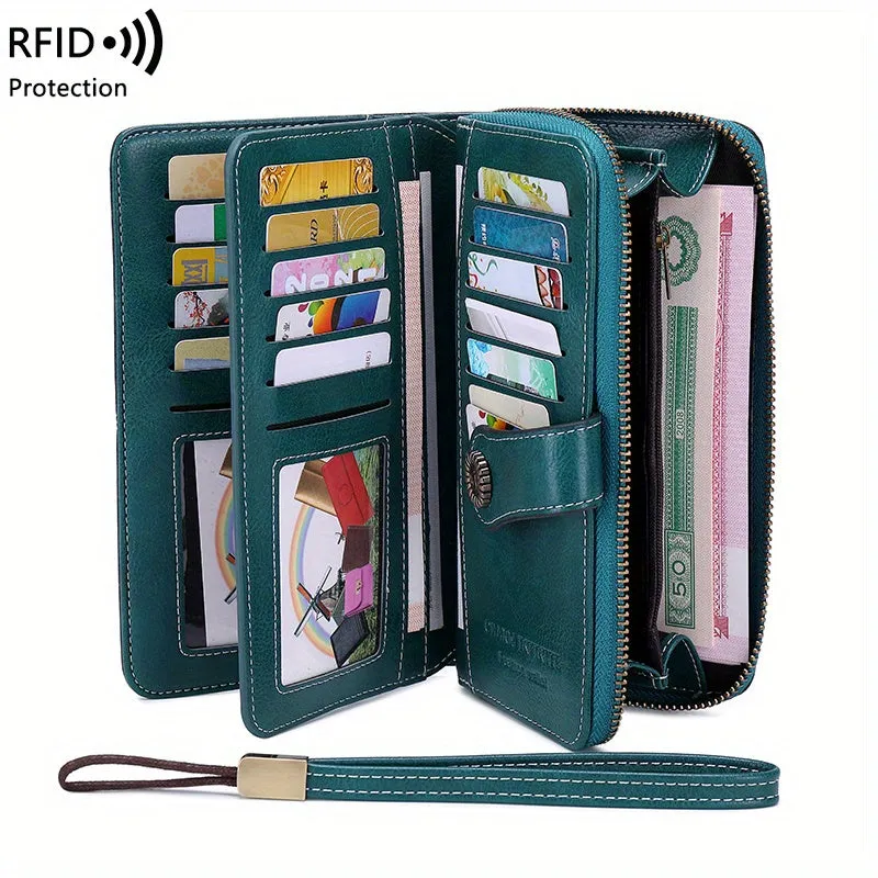 RFID Zipper Wallet with Wrist Strap Retro Style Large Capacity