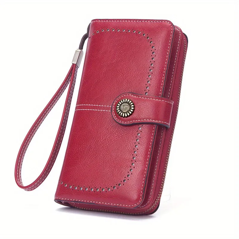 RFID Zipper Wallet with Wrist Strap Retro Style Large Capacity