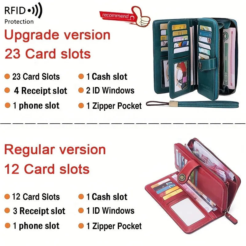 RFID Zipper Wallet with Wrist Strap Retro Style Large Capacity