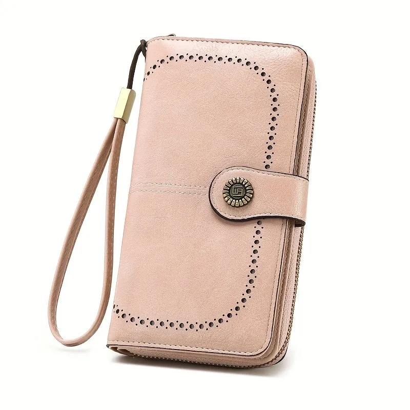RFID Zipper Wallet with Wrist Strap Retro Style Large Capacity