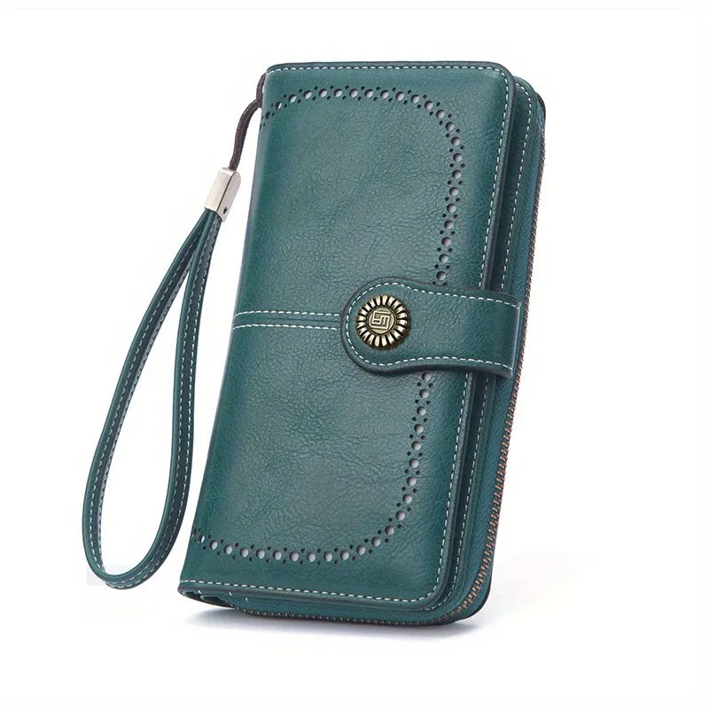 RFID Zipper Wallet with Wrist Strap Retro Style Large Capacity