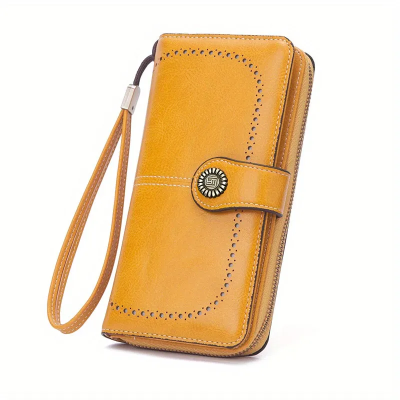 RFID Zipper Wallet with Wrist Strap Retro Style Large Capacity