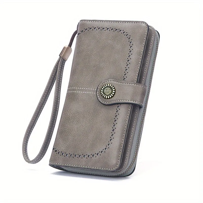 RFID Zipper Wallet with Wrist Strap Retro Style Large Capacity