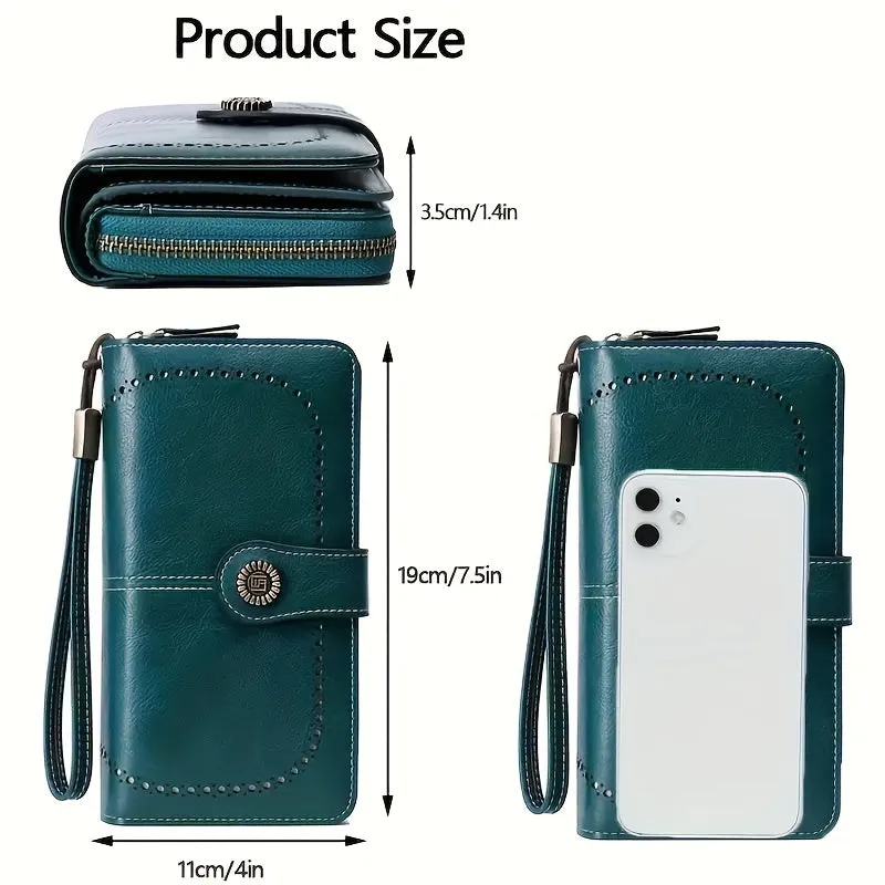 RFID Zipper Wallet with Wrist Strap Retro Style Large Capacity