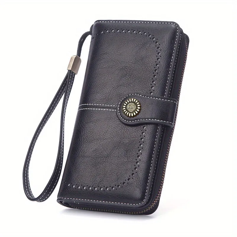 RFID Zipper Wallet with Wrist Strap Retro Style Large Capacity