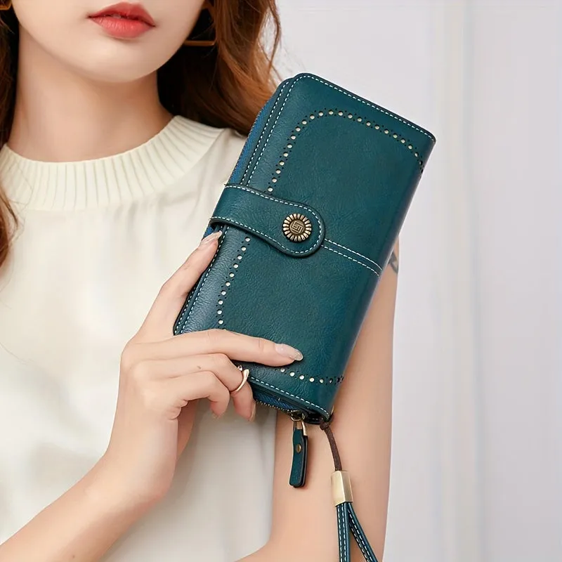 RFID Zipper Wallet with Wrist Strap Retro Style Large Capacity