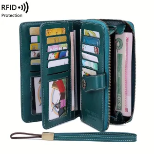 RFID Zipper Wallet with Wrist Strap Retro Style Large Capacity
