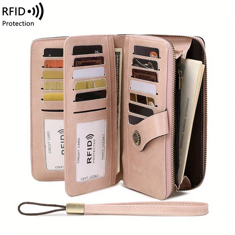 RFID Zipper Wallet with Wrist Strap Retro Style Large Capacity