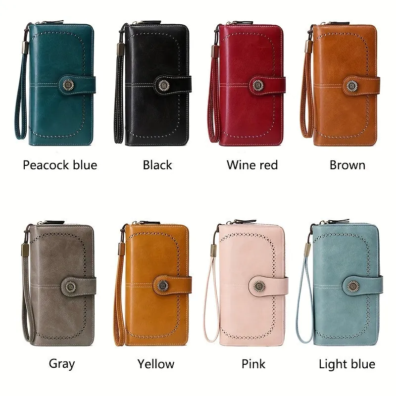 RFID Zipper Wallet with Wrist Strap Retro Style Large Capacity