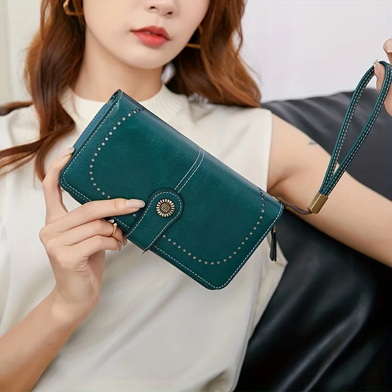 RFID Zipper Wallet with Wrist Strap Retro Style Large Capacity