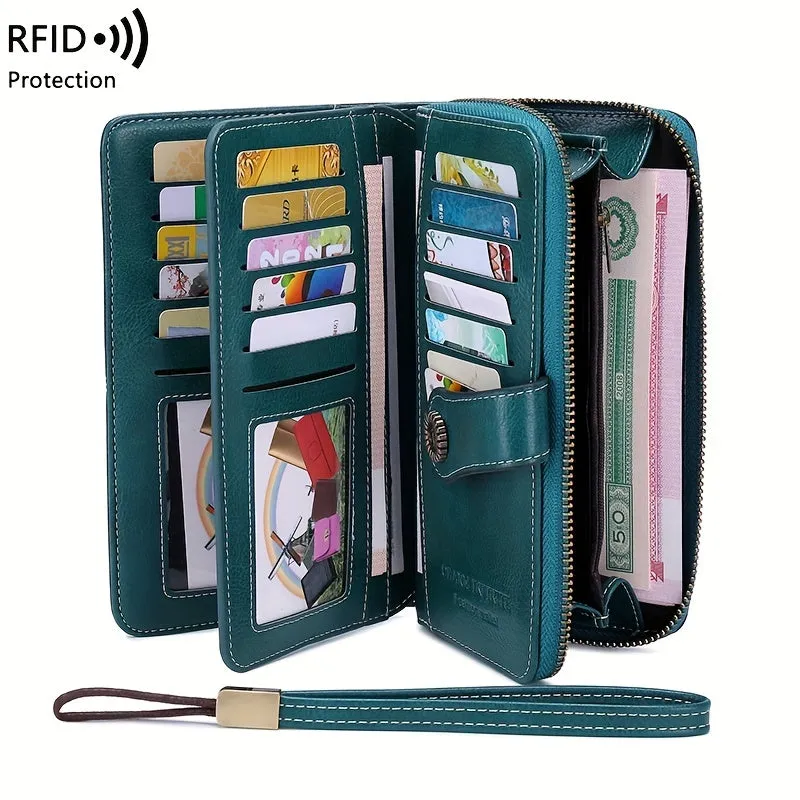 RFID Zipper Wallet with Wrist Strap Retro Style Large Capacity