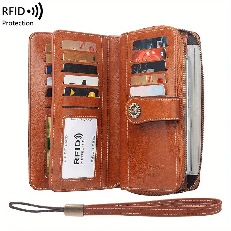RFID Zipper Wallet with Wrist Strap Retro Style Large Capacity