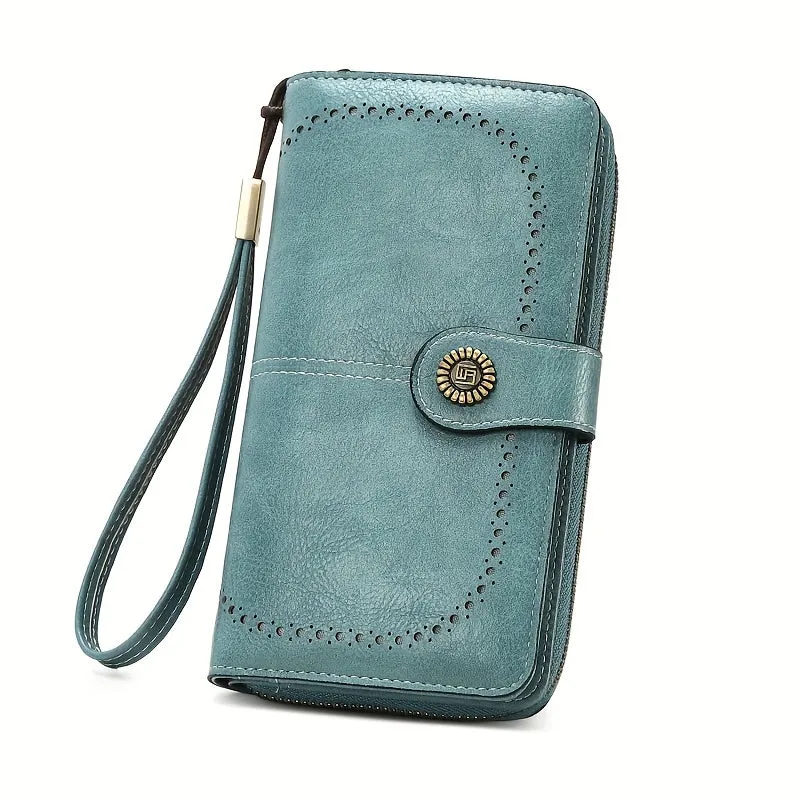 RFID Zipper Wallet with Wrist Strap Retro Style Large Capacity