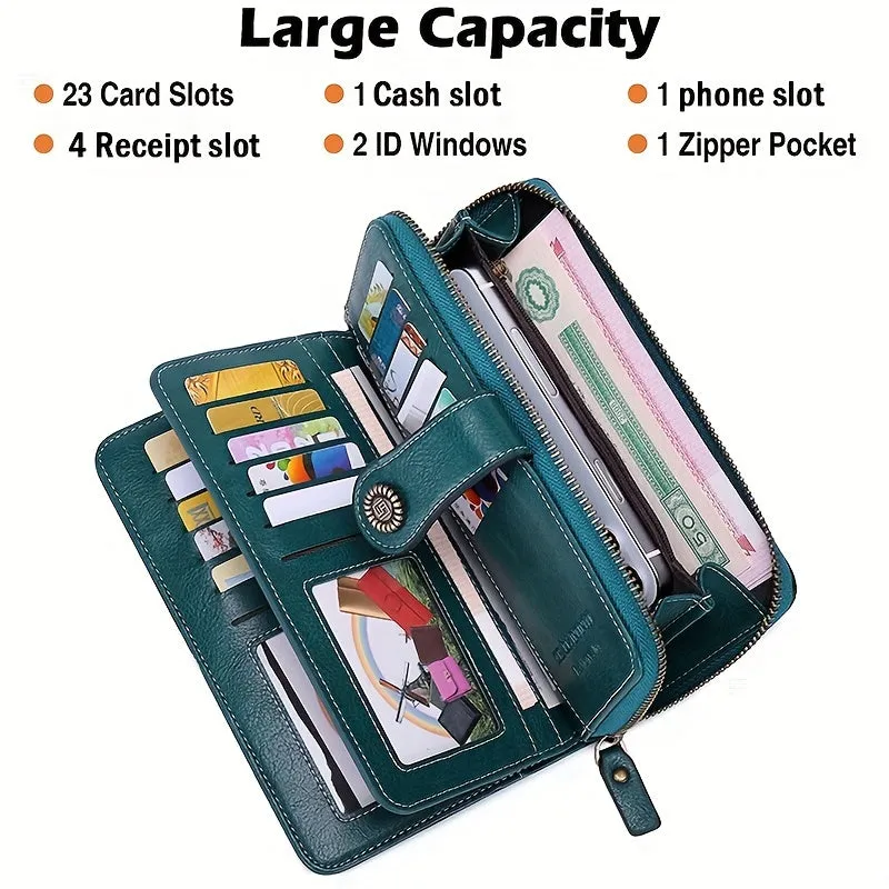 RFID Zipper Wallet with Wrist Strap Retro Style Large Capacity