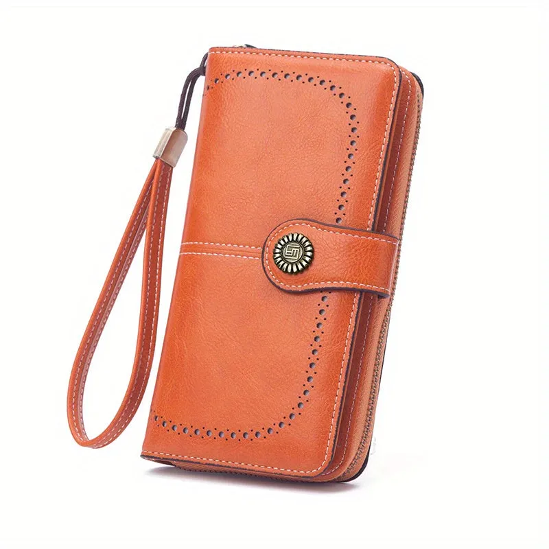 RFID Zipper Wallet with Wrist Strap Retro Style Large Capacity