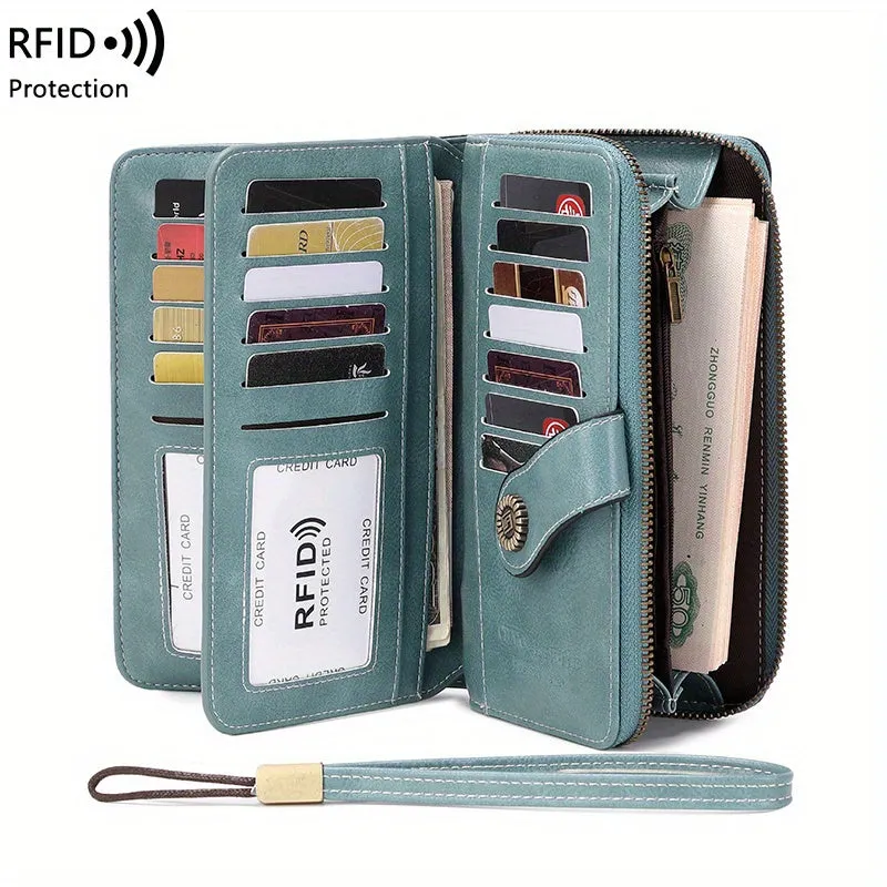 RFID Zipper Wallet with Wrist Strap Retro Style Large Capacity
