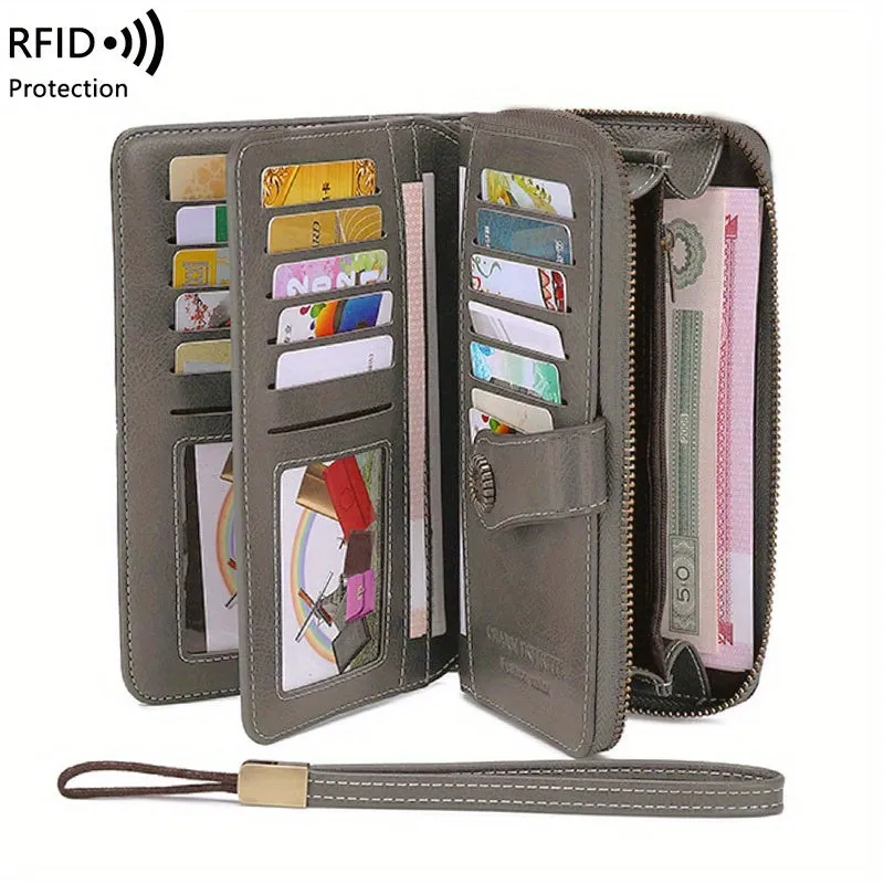 RFID Zipper Wallet with Wrist Strap Retro Style Large Capacity