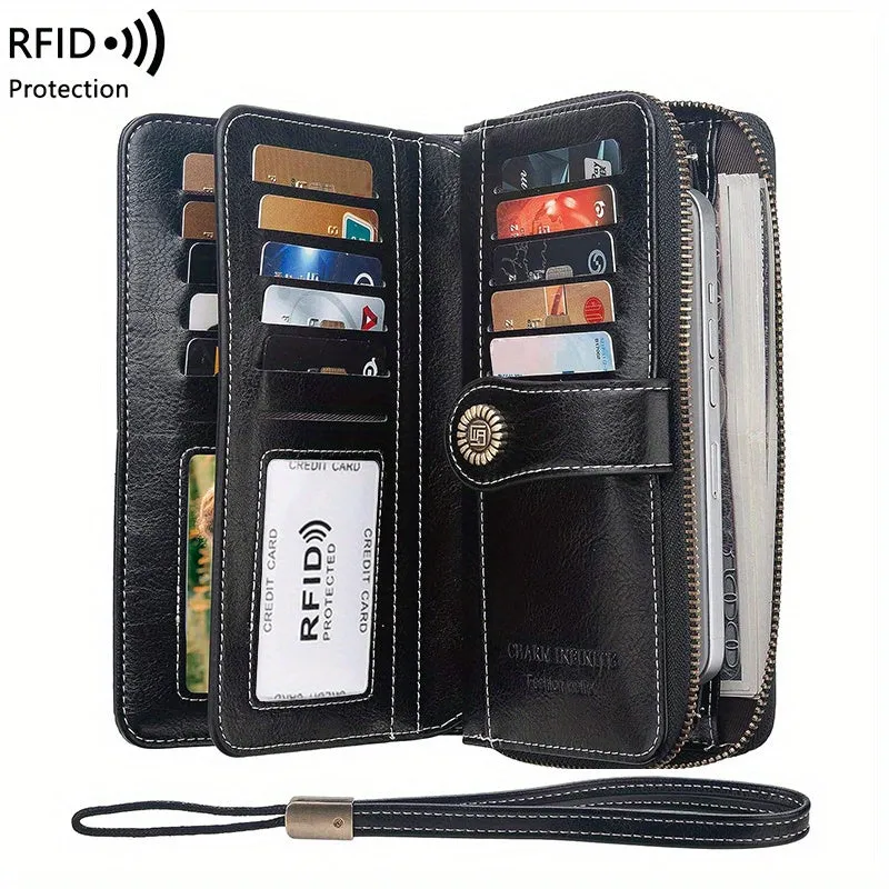 RFID Zipper Wallet with Wrist Strap Retro Style Large Capacity