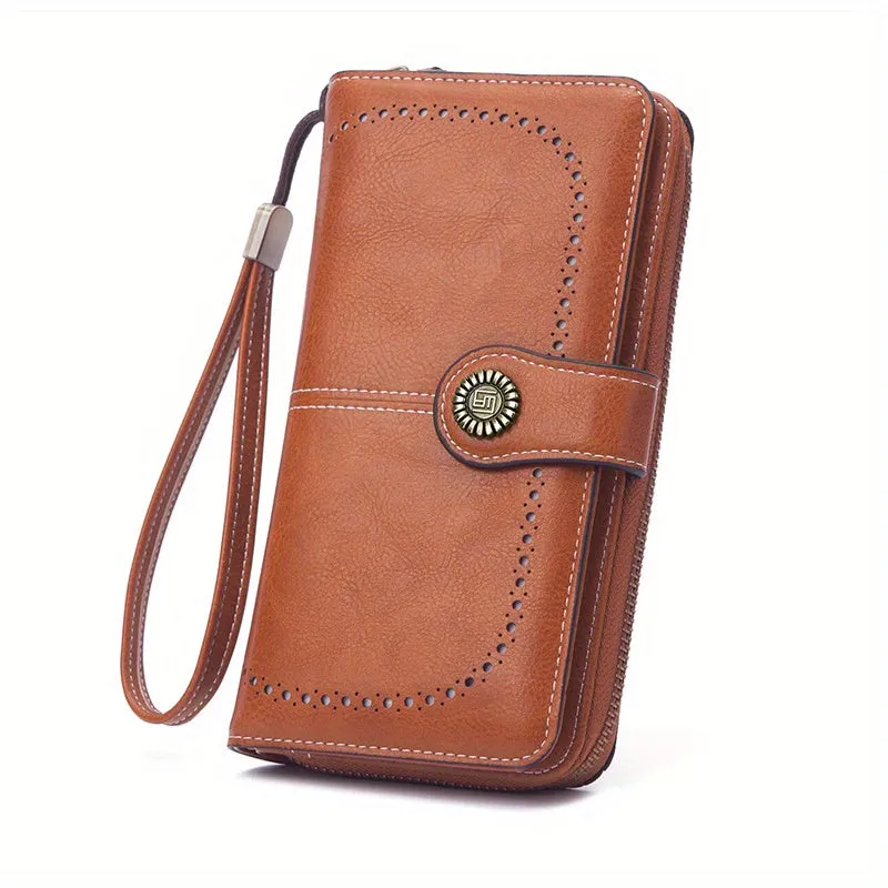 RFID Zipper Wallet with Wrist Strap Retro Style Large Capacity