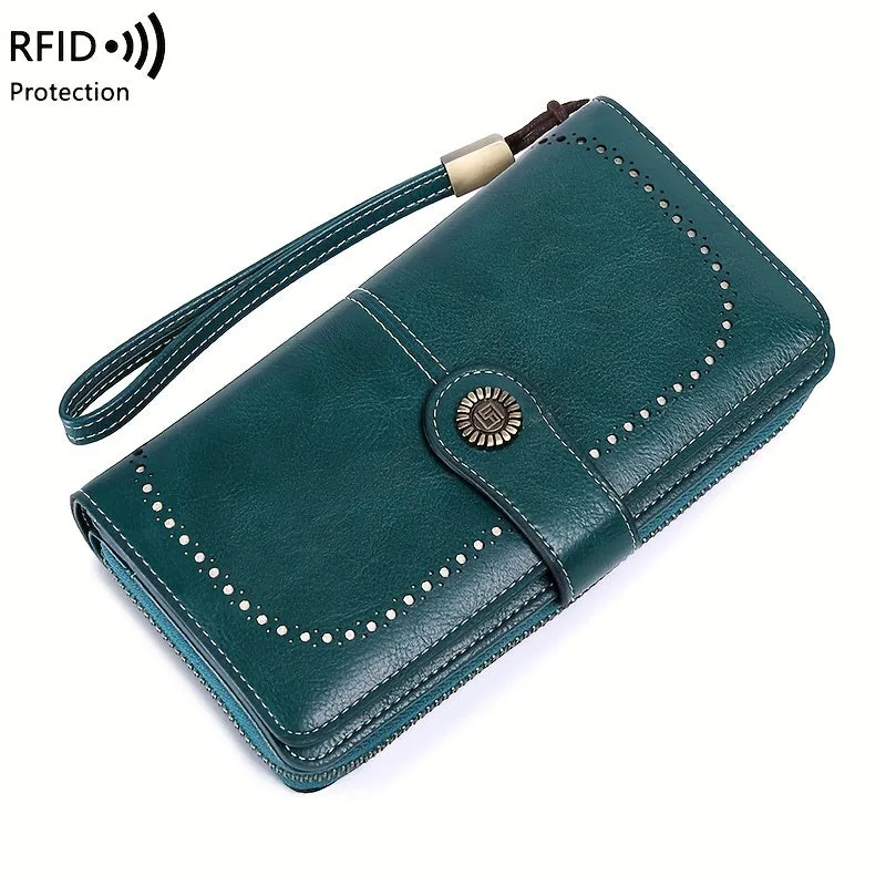 RFID Zipper Wallet with Wrist Strap Retro Style Large Capacity
