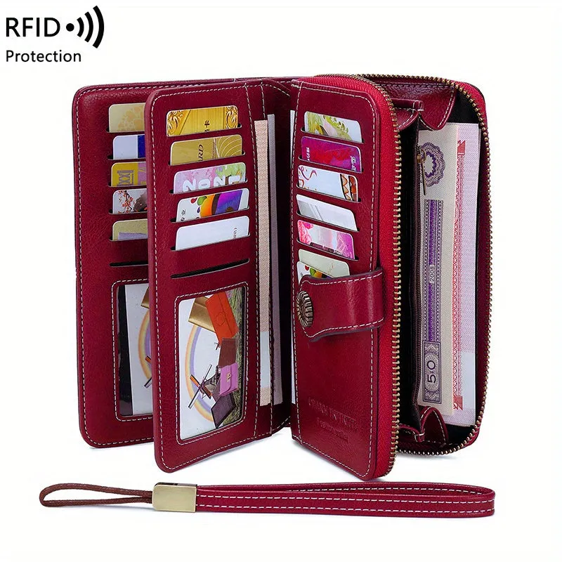 RFID Zipper Wallet with Wrist Strap Retro Style Large Capacity