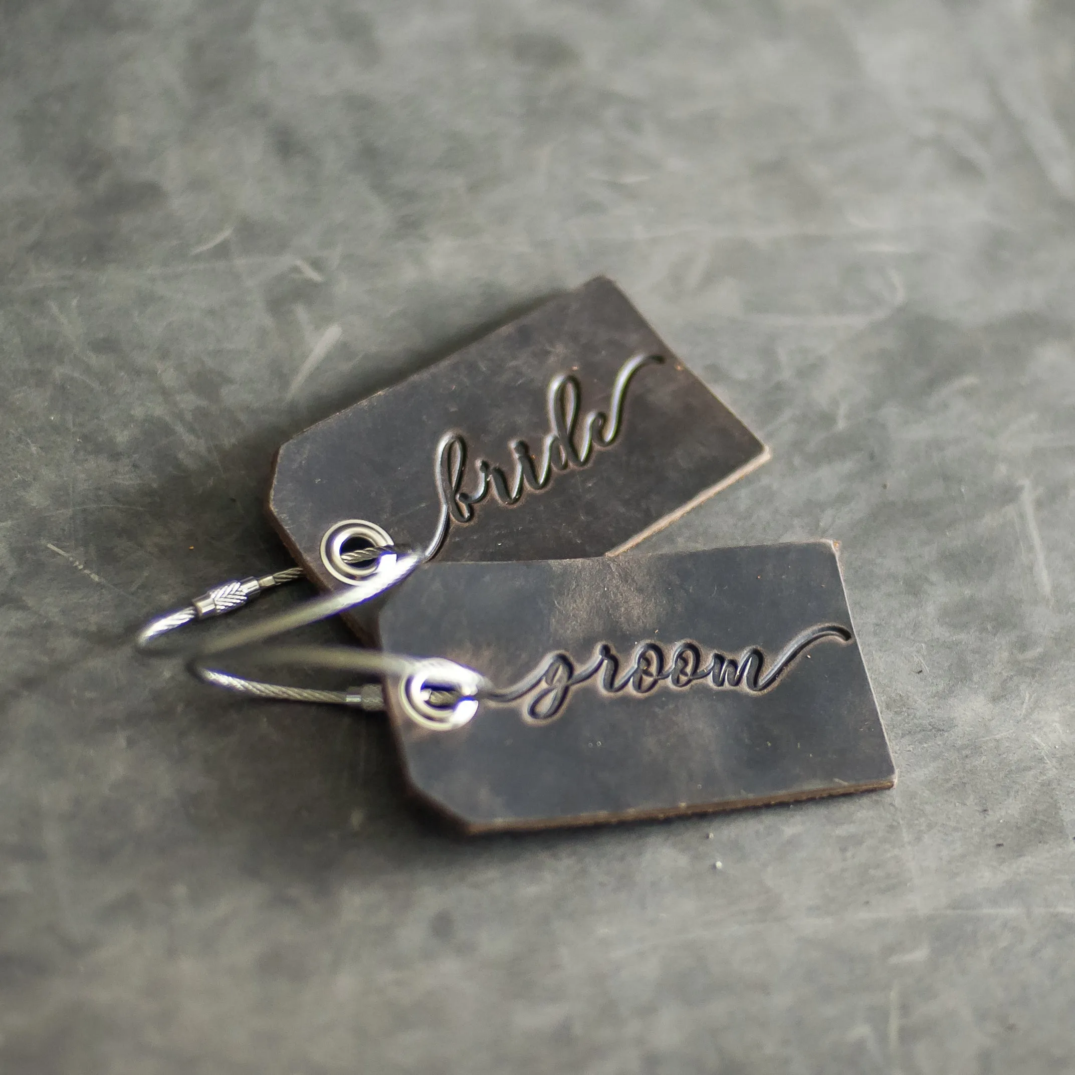 Set of Bride and Groom Stamped Leather Luggage Tags
