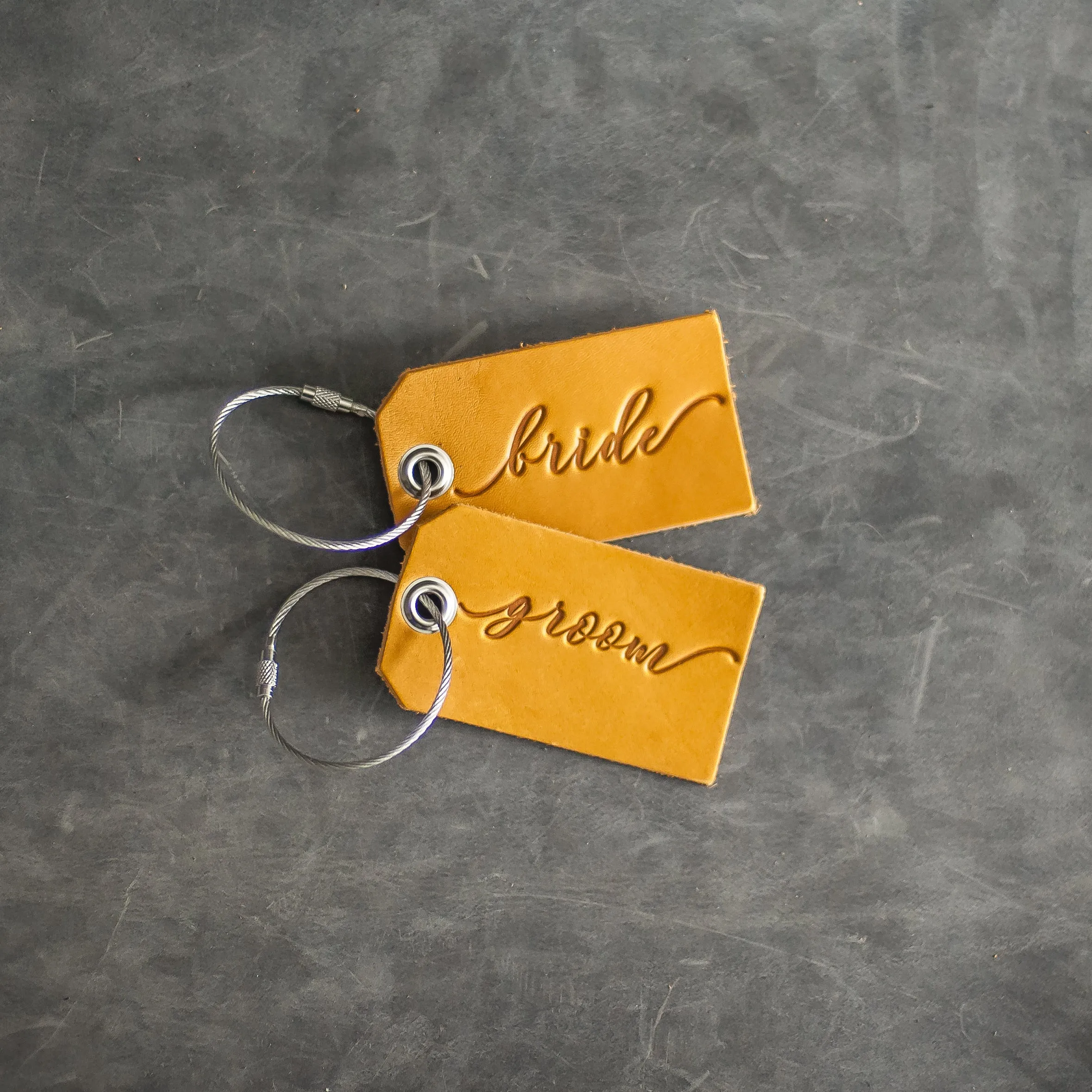 Set of Bride and Groom Stamped Leather Luggage Tags