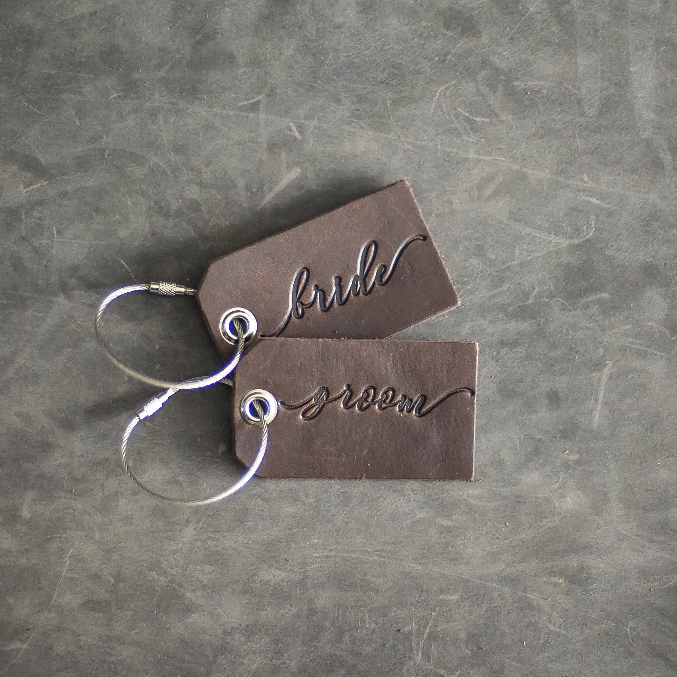 Set of Bride and Groom Stamped Leather Luggage Tags