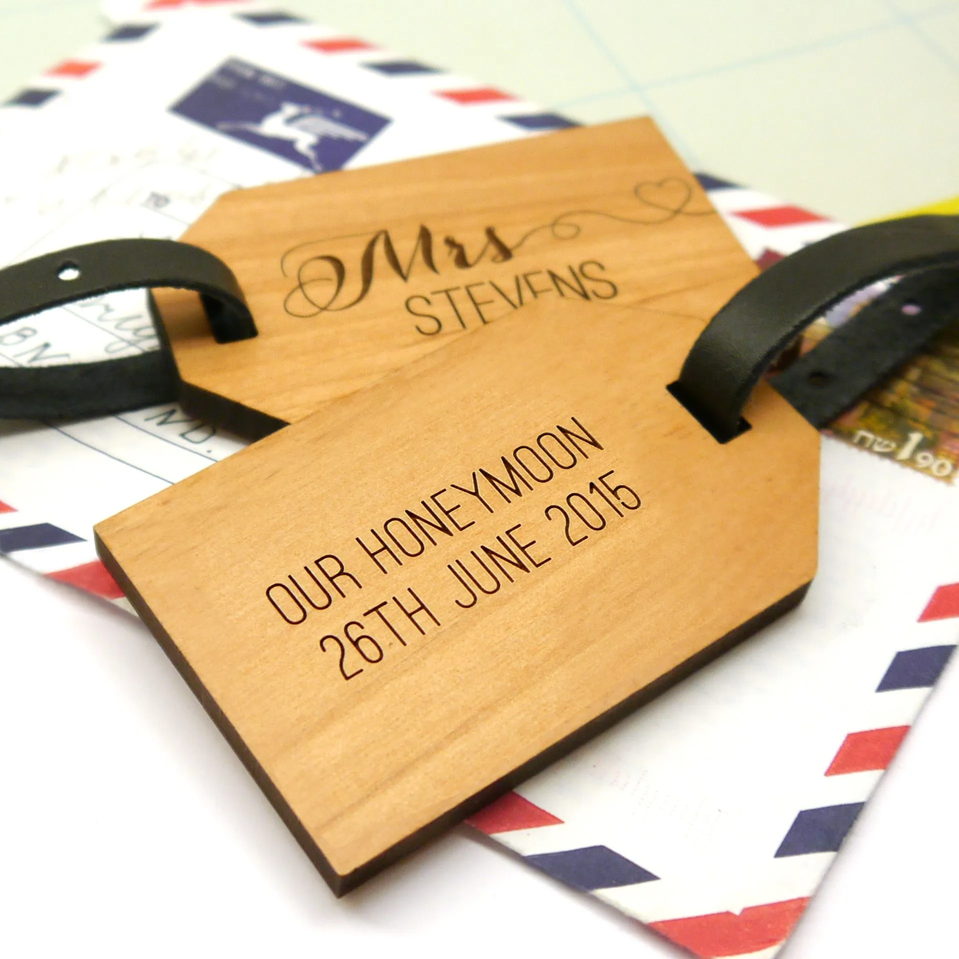 Set Of Two Personalised Wooden Honeymoon Luggage Tags