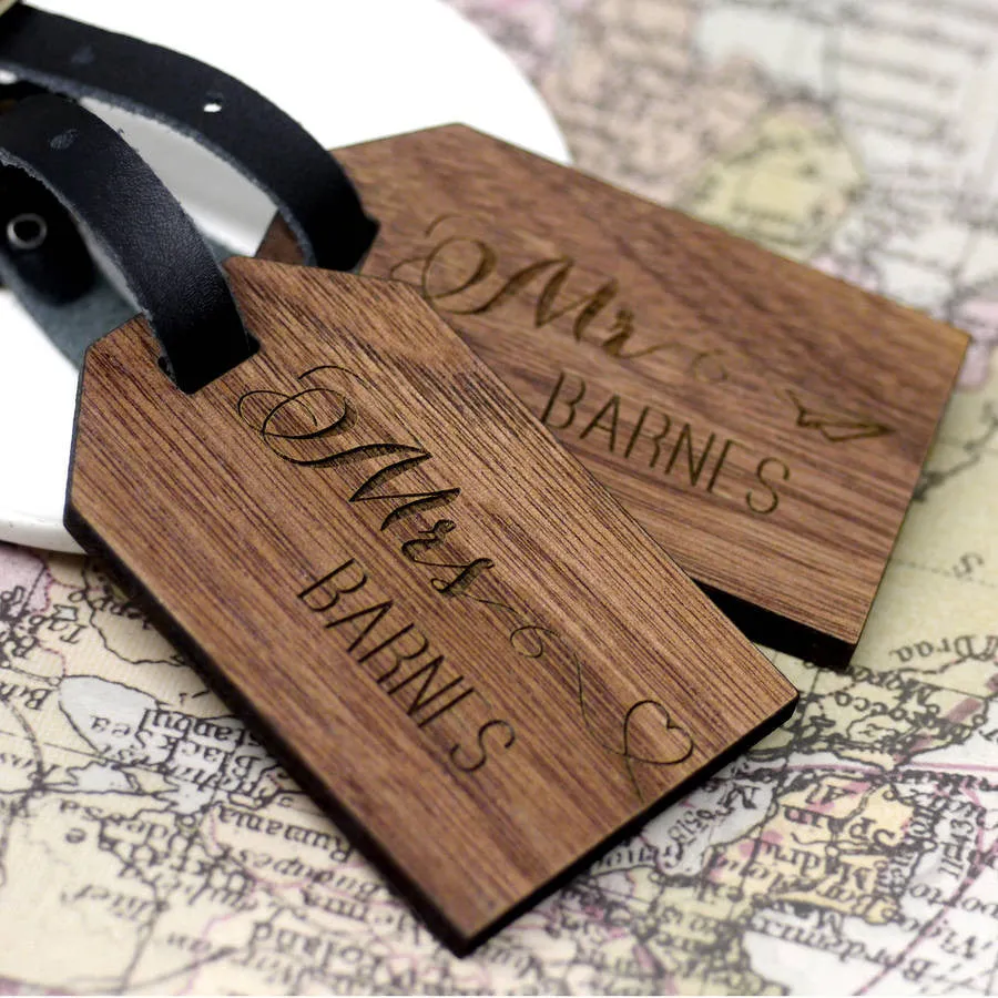 Set Of Two Personalised Wooden Honeymoon Luggage Tags