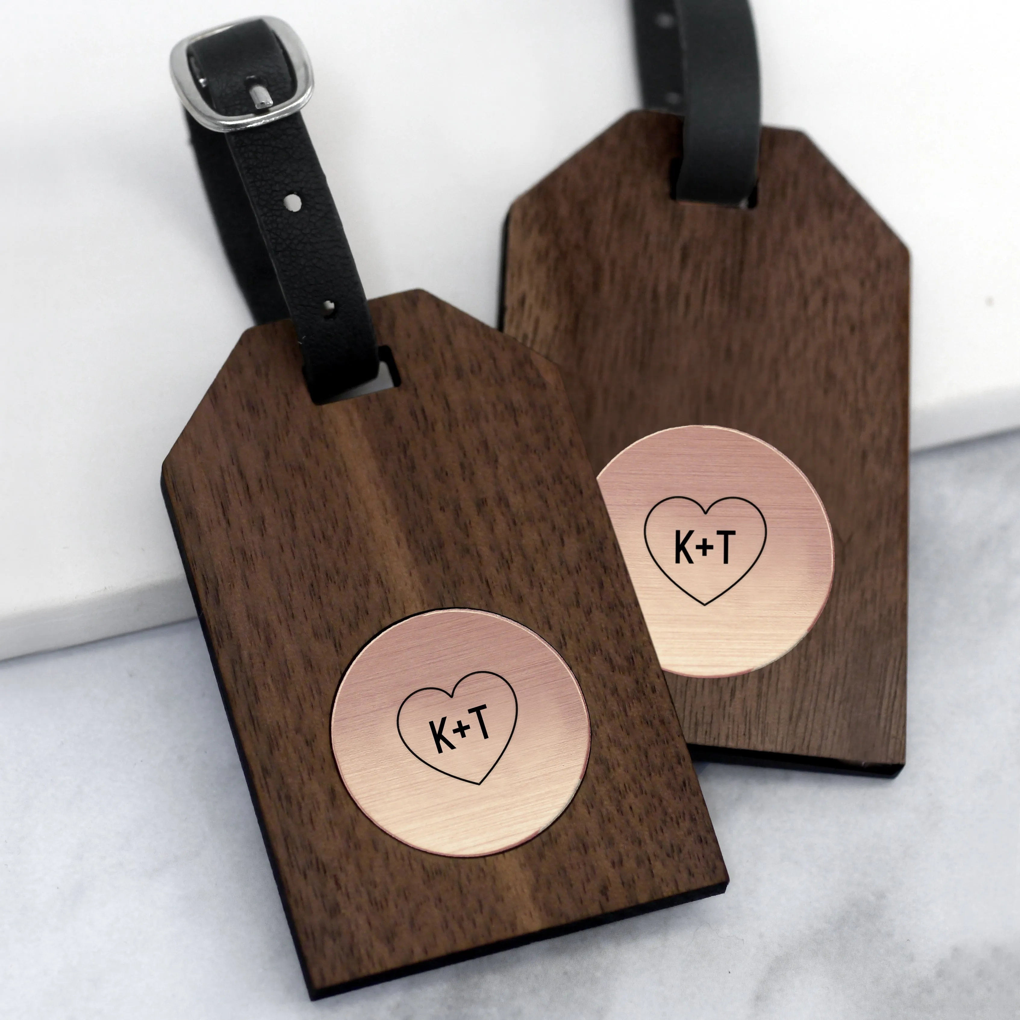 Set of Two Rose Gold Heart Initial Luggage Tags