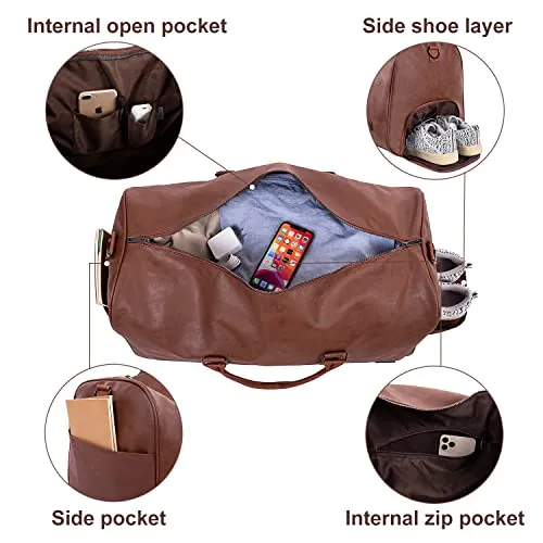 Seyfocnia Leather Travel Bag with Shoe Pouch, Large Carry on Bag Gym Duffel Bag,Waterproof Weekender Bag for Women Overnight Bag for Men-Brown