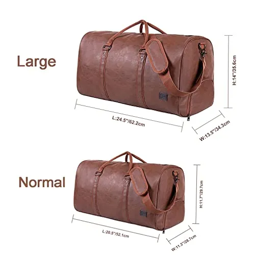 Seyfocnia Leather Travel Bag with Shoe Pouch, Large Carry on Bag Gym Duffel Bag,Waterproof Weekender Bag for Women Overnight Bag for Men-Brown