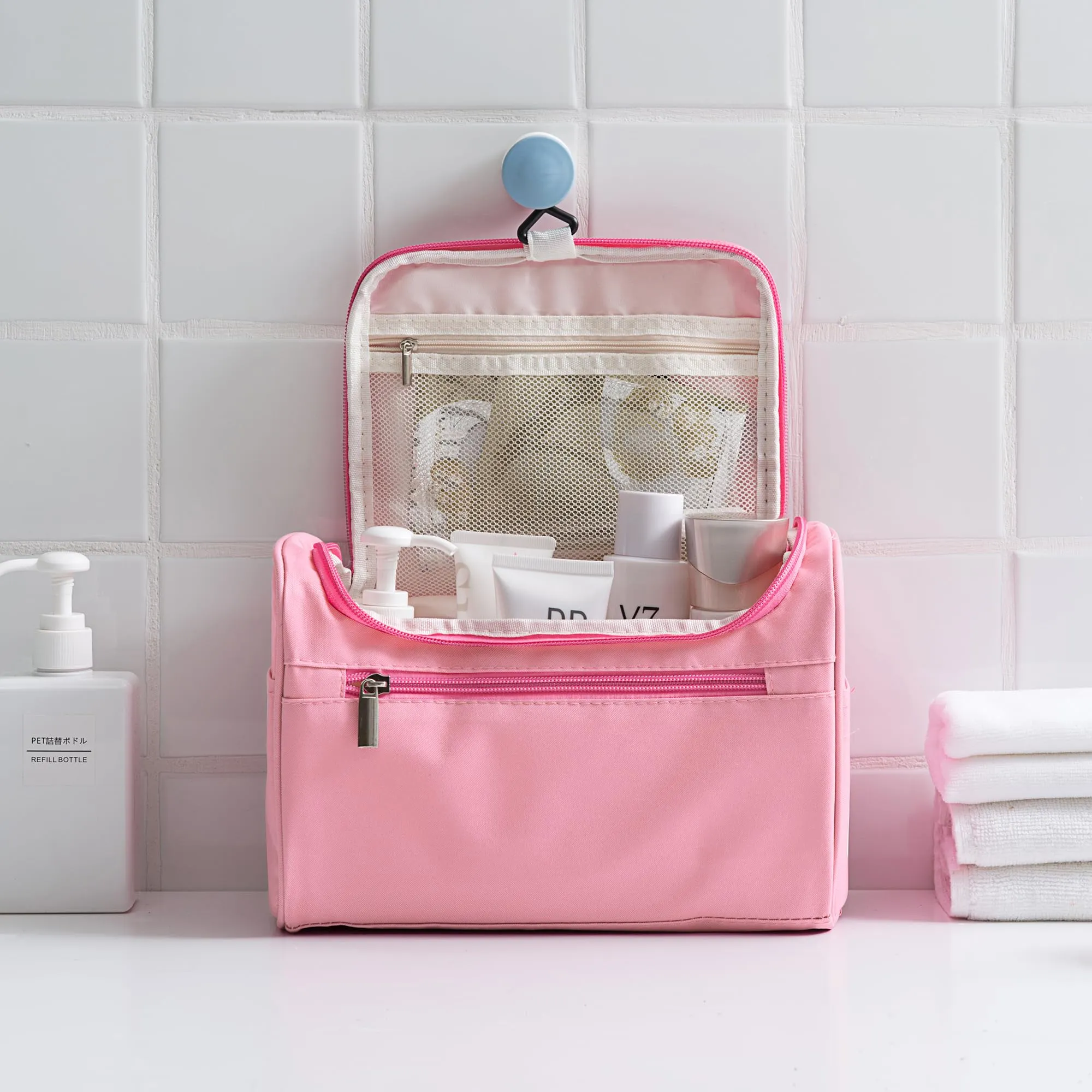 UMAI Space Saver Toiletry Bag with Hook | Travel Organizer Pouch | Hanging Dopp Kit for Men and Women | Open Bag 24x14x31cm | Waterproof | Pink