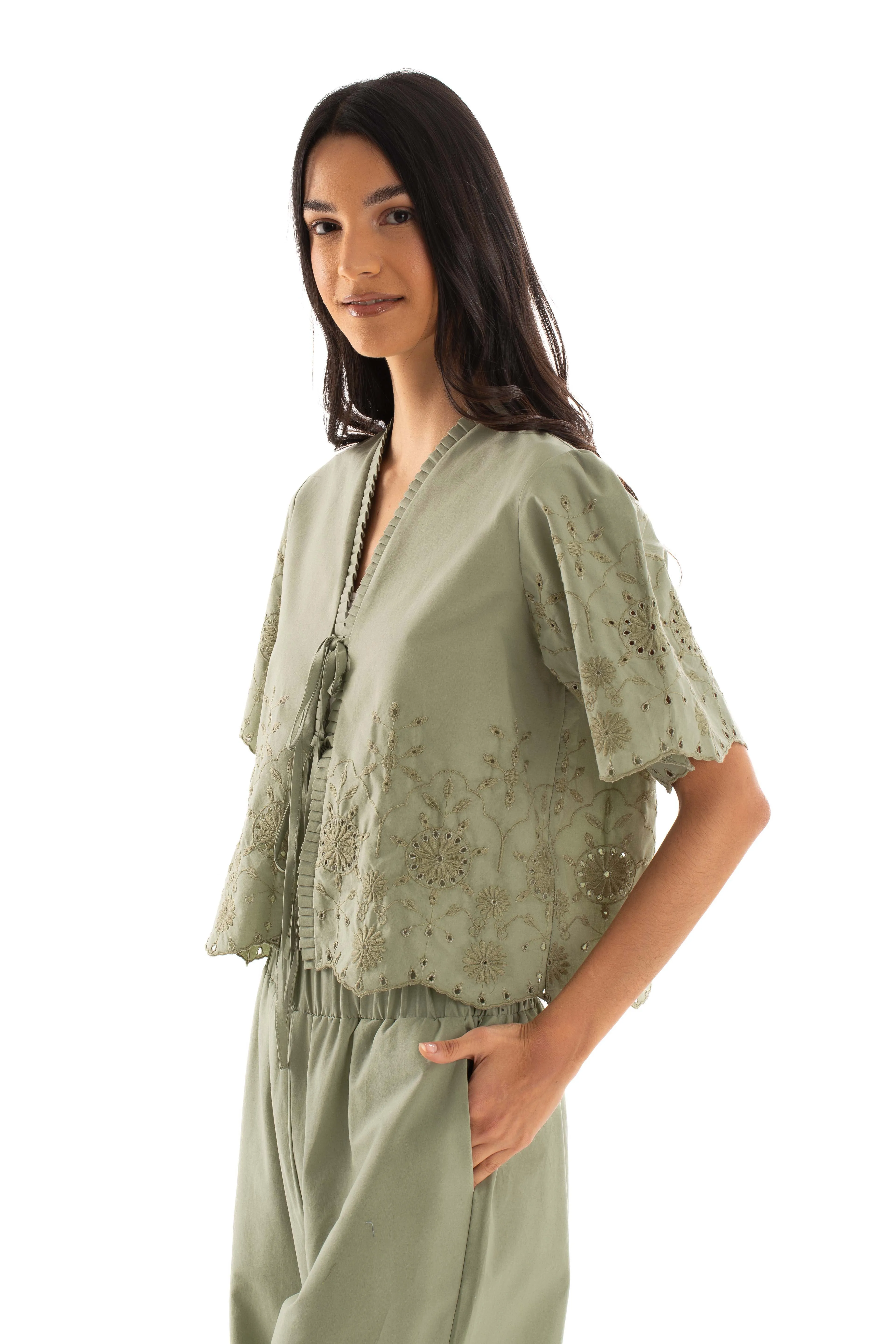 Women Blouse English Embroidery Green