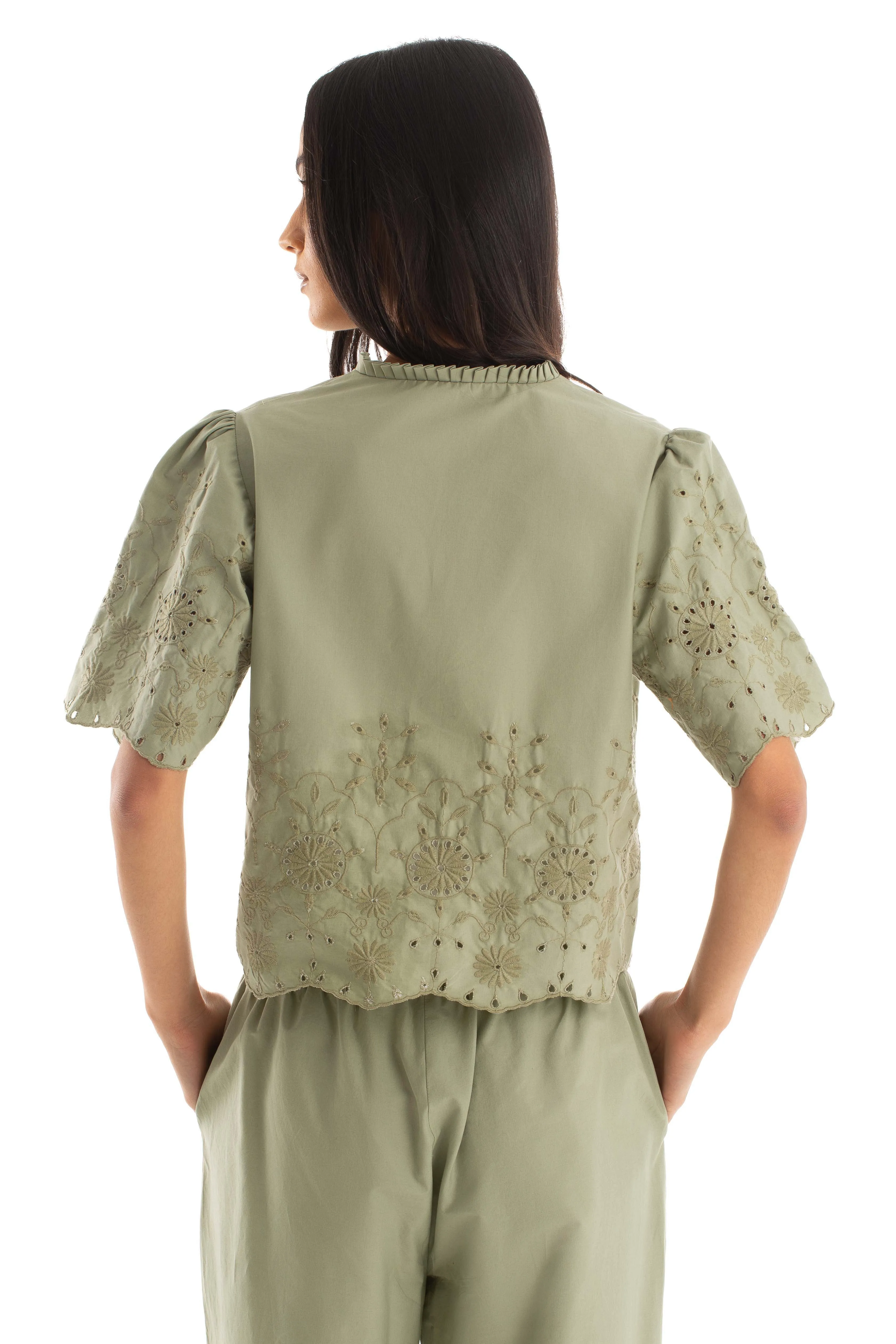 Women Blouse English Embroidery Green