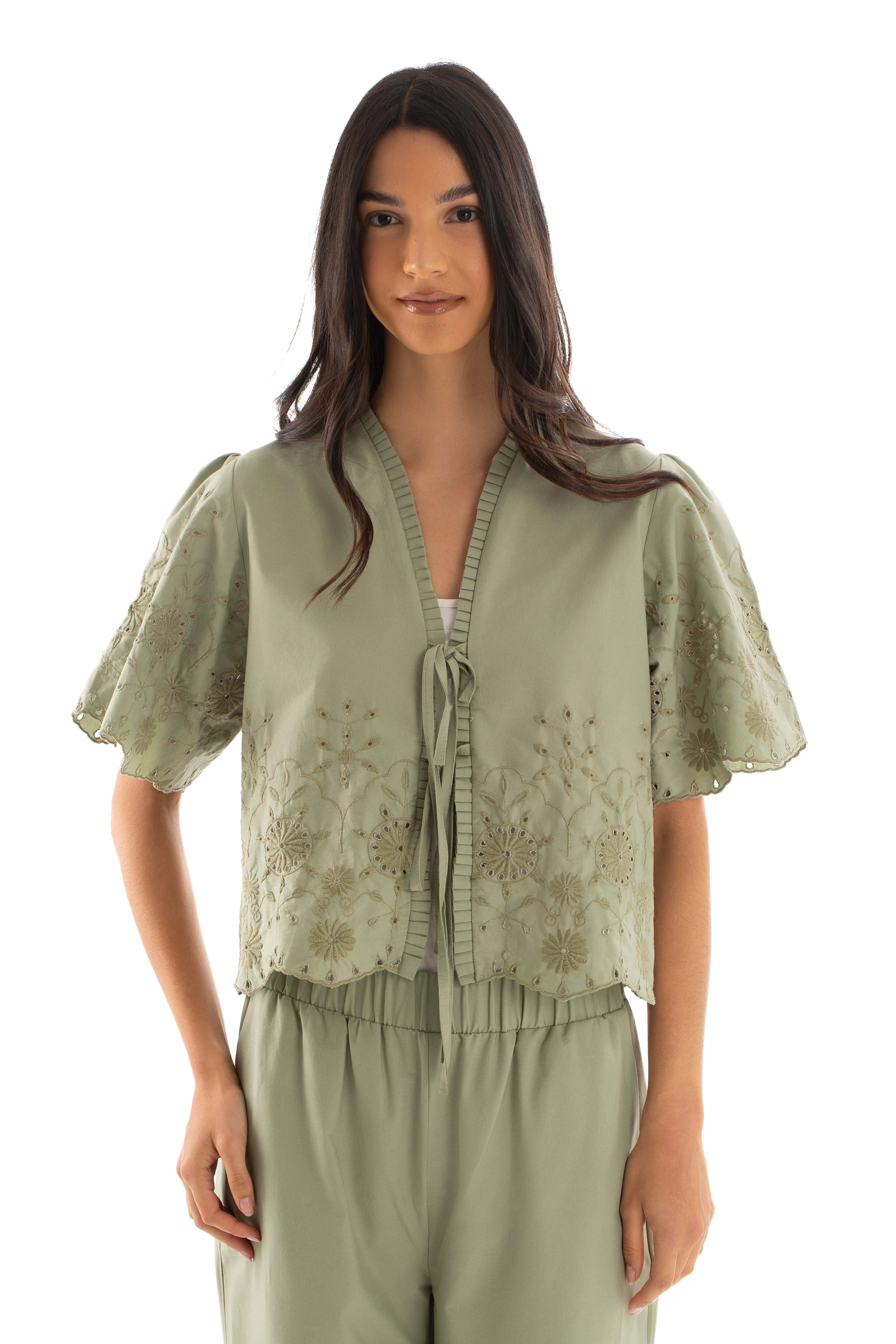 Women Blouse English Embroidery Green